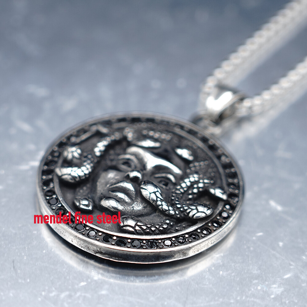 MENDEL Mens Hip Hop Black CZ Greek Medusa Snake Pendant Necklace Stainless Steel