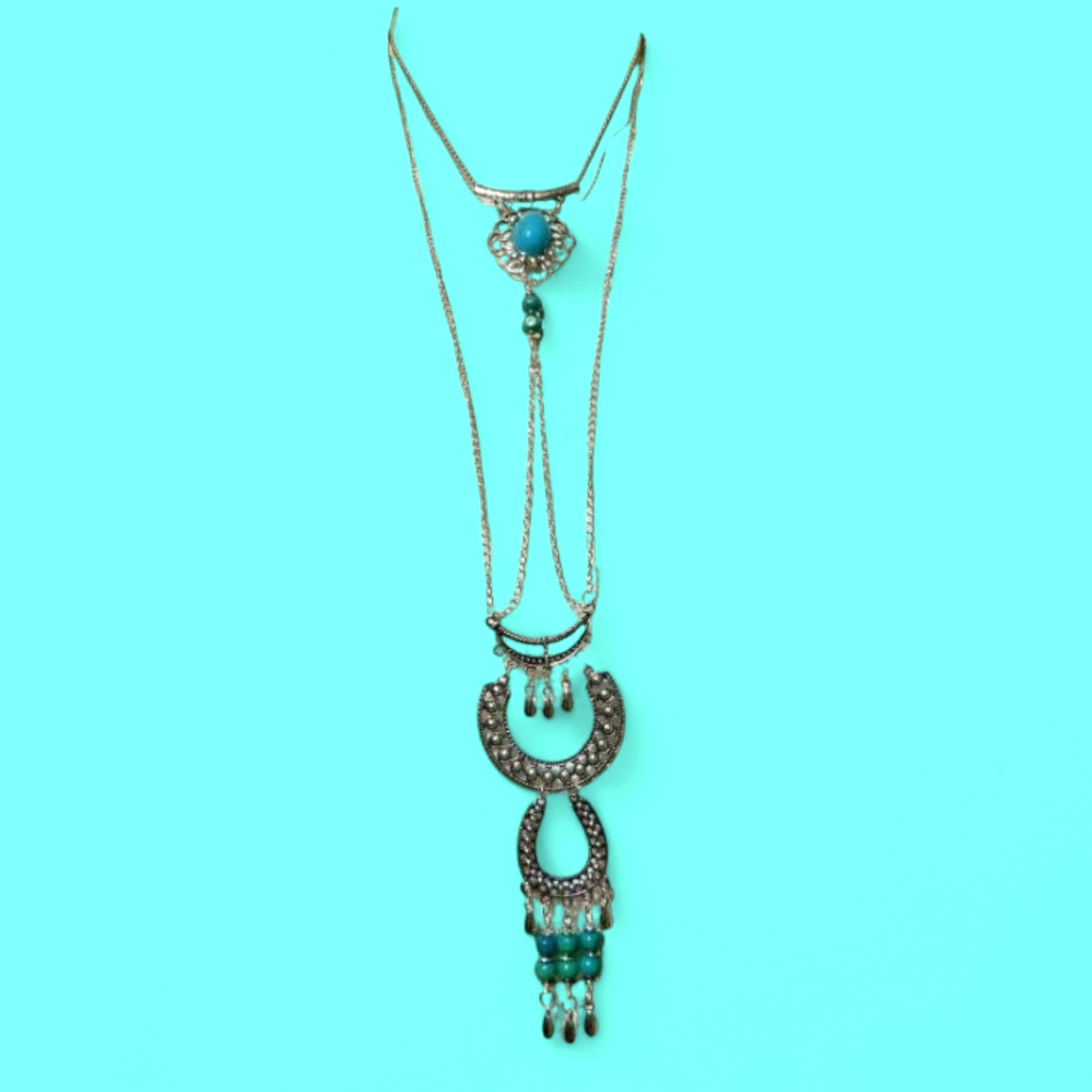 BOHEMIAN LONG FESTOON NECKLACE tiered multistrand silver howlite boho ethnic P2