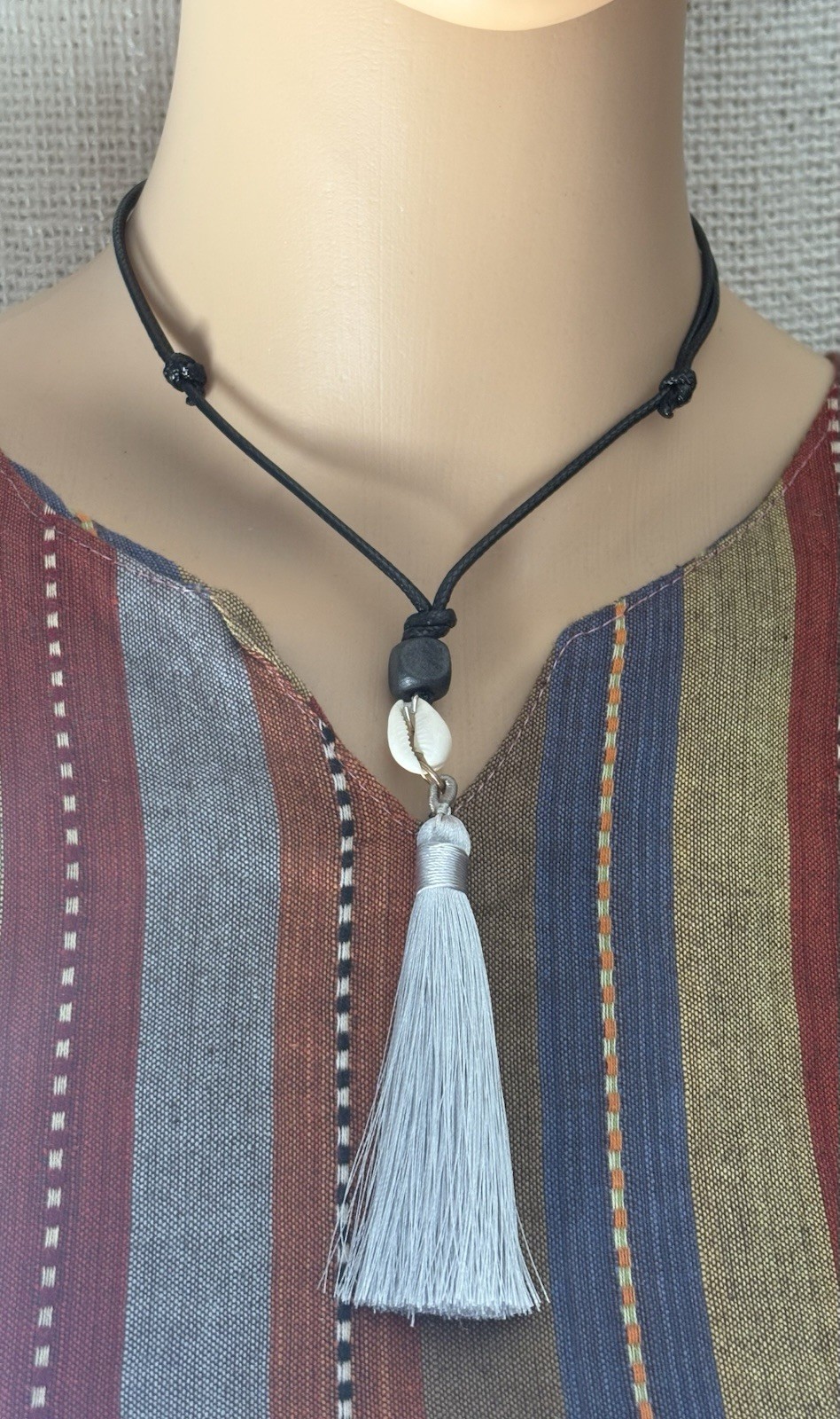 Shell Tassel Pendant Black Cord Necklace Boho Beach Theme Adjustable Closure