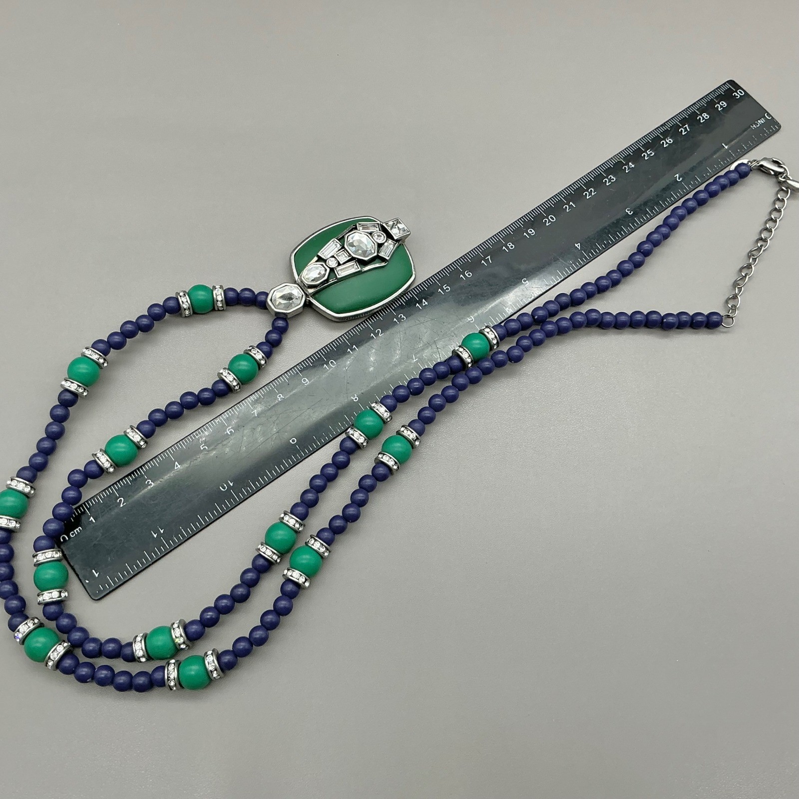 Necklace Women Blue Green Silver Tone Art Deco Beaded Crystal Pendant 28 Inch
