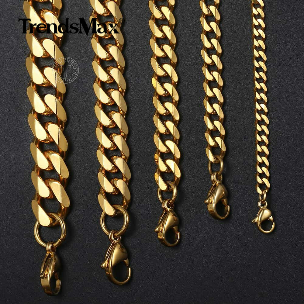 16″-36″ 3/5/7/9/11mm Gold Plated Stainless Steel Curb Cuban Mens Necklace Chain