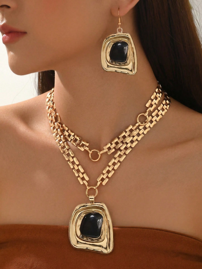 3 Pcs Set Women Trendy Stainless Steel Double Layer Heart Pendant Chain Necklace