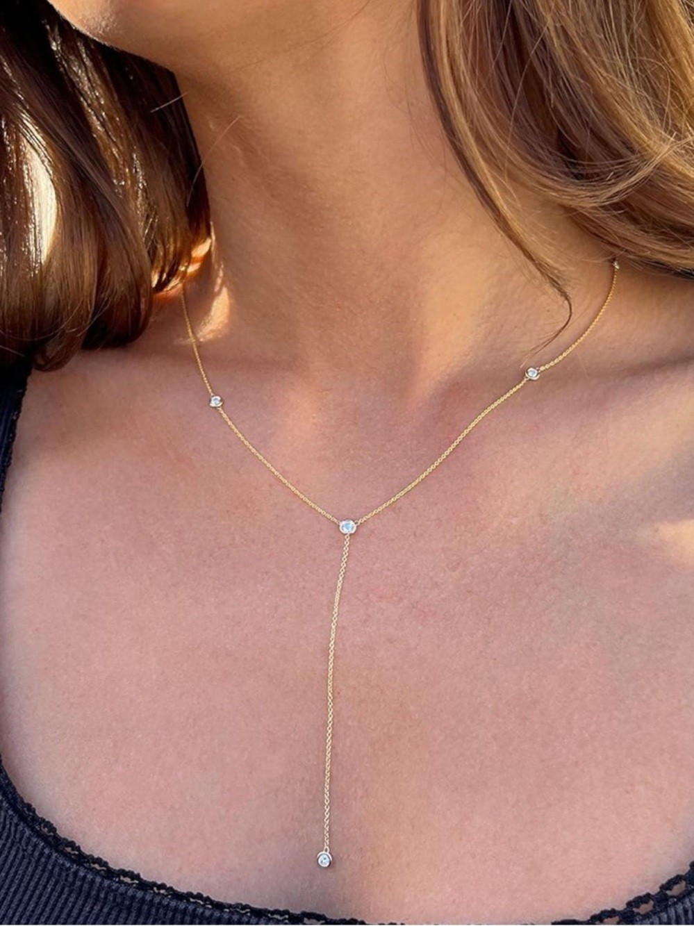 14k Gold Plated Dainty Lariat Necklace with Crystal Accents