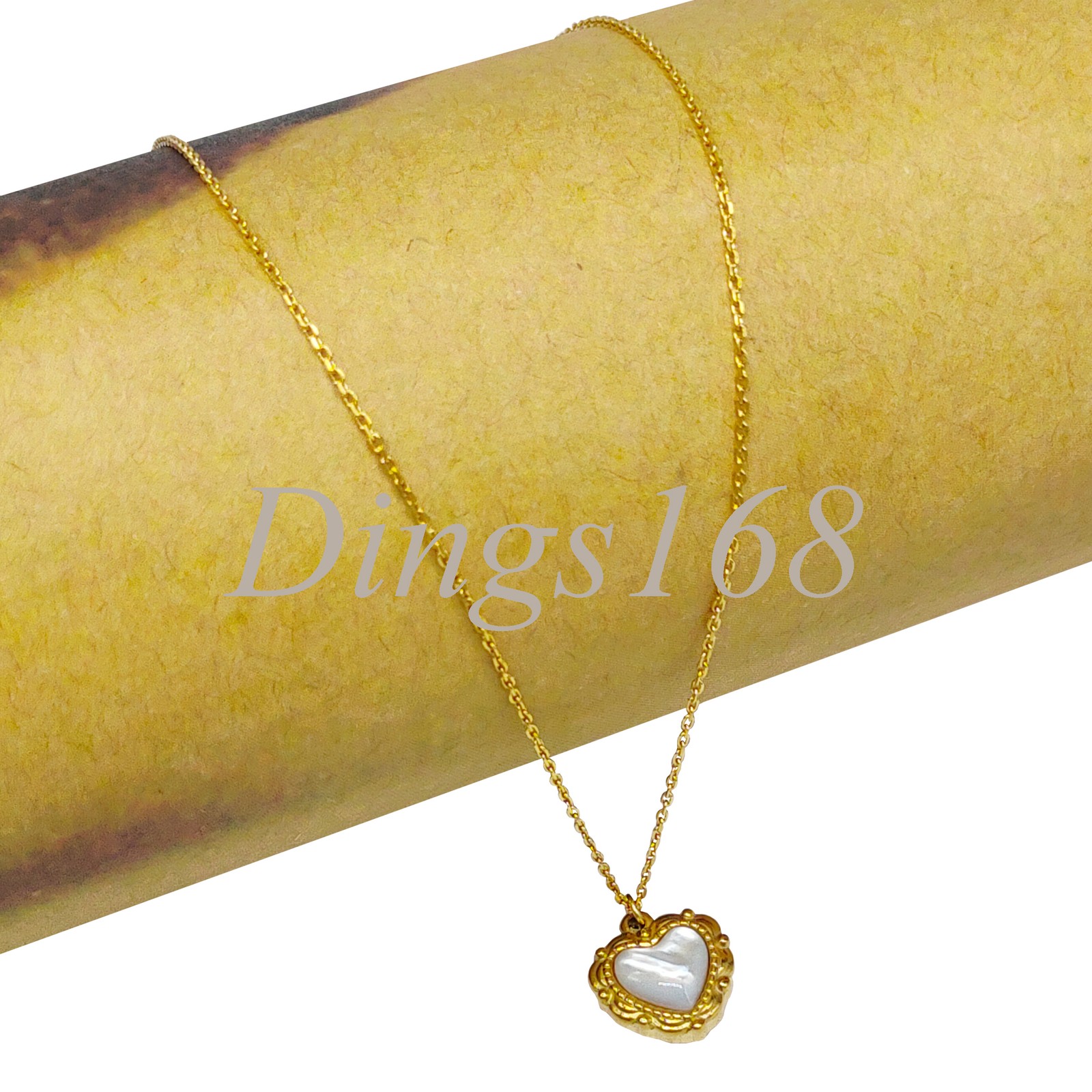 18K Yellow Gold Filled White Seashell Heart Pendant 17+2inch Rolo Chain Necklace