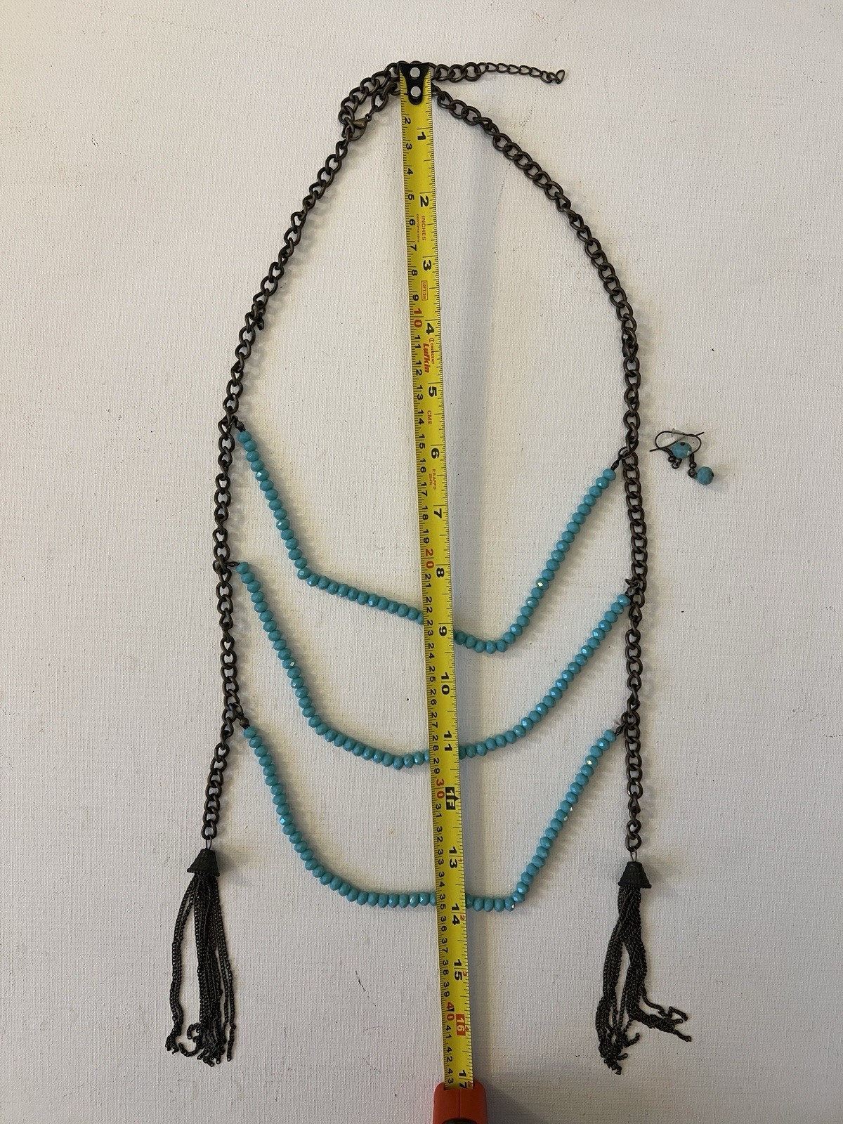 Multi-Tier Turquoise-Colored Faceted Bead and Chain Necklace and Bead Earrings