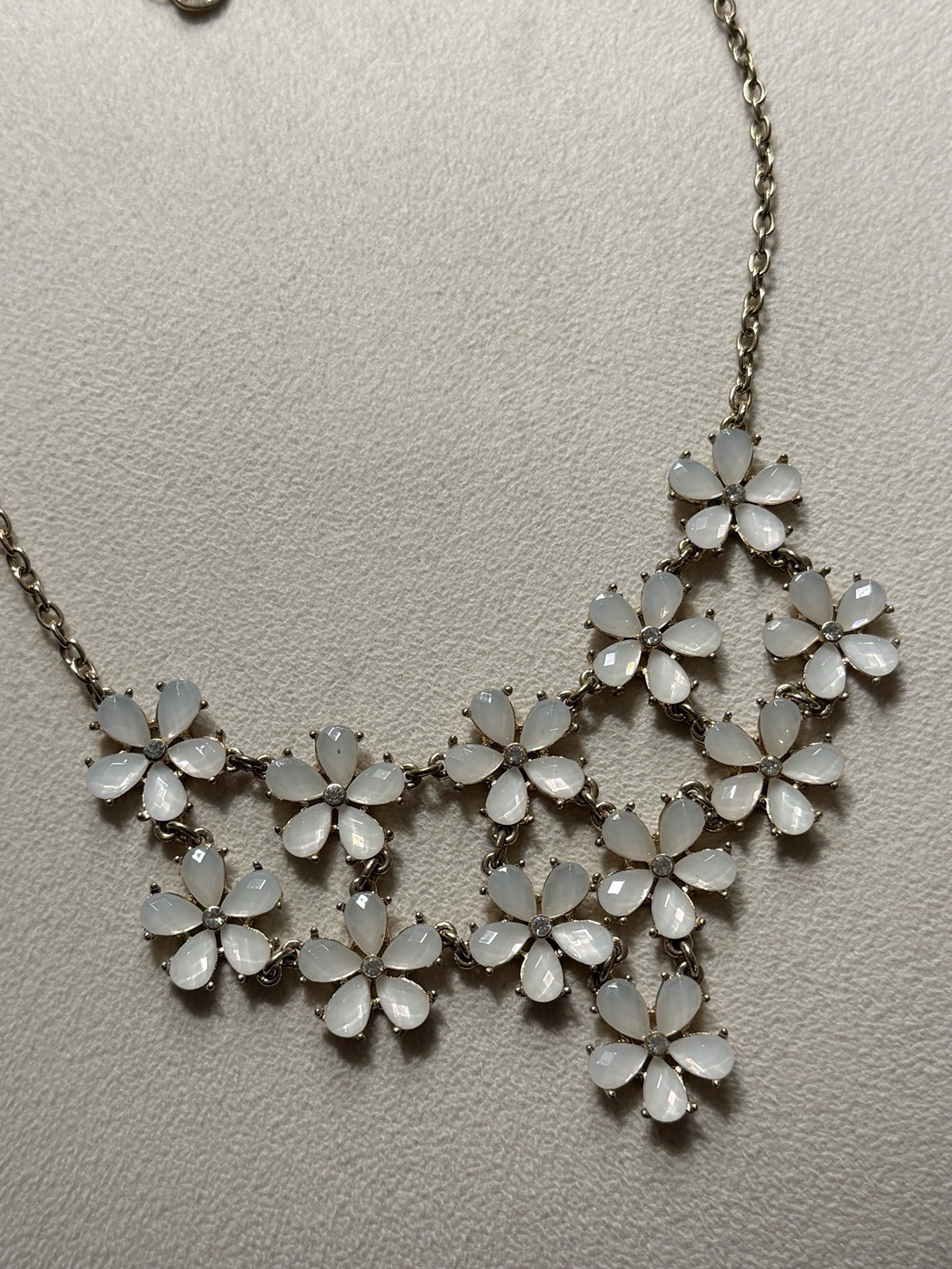 Gold Tone White Flower Cluster Statement Bib Necklace Cable Chain Adjustable
