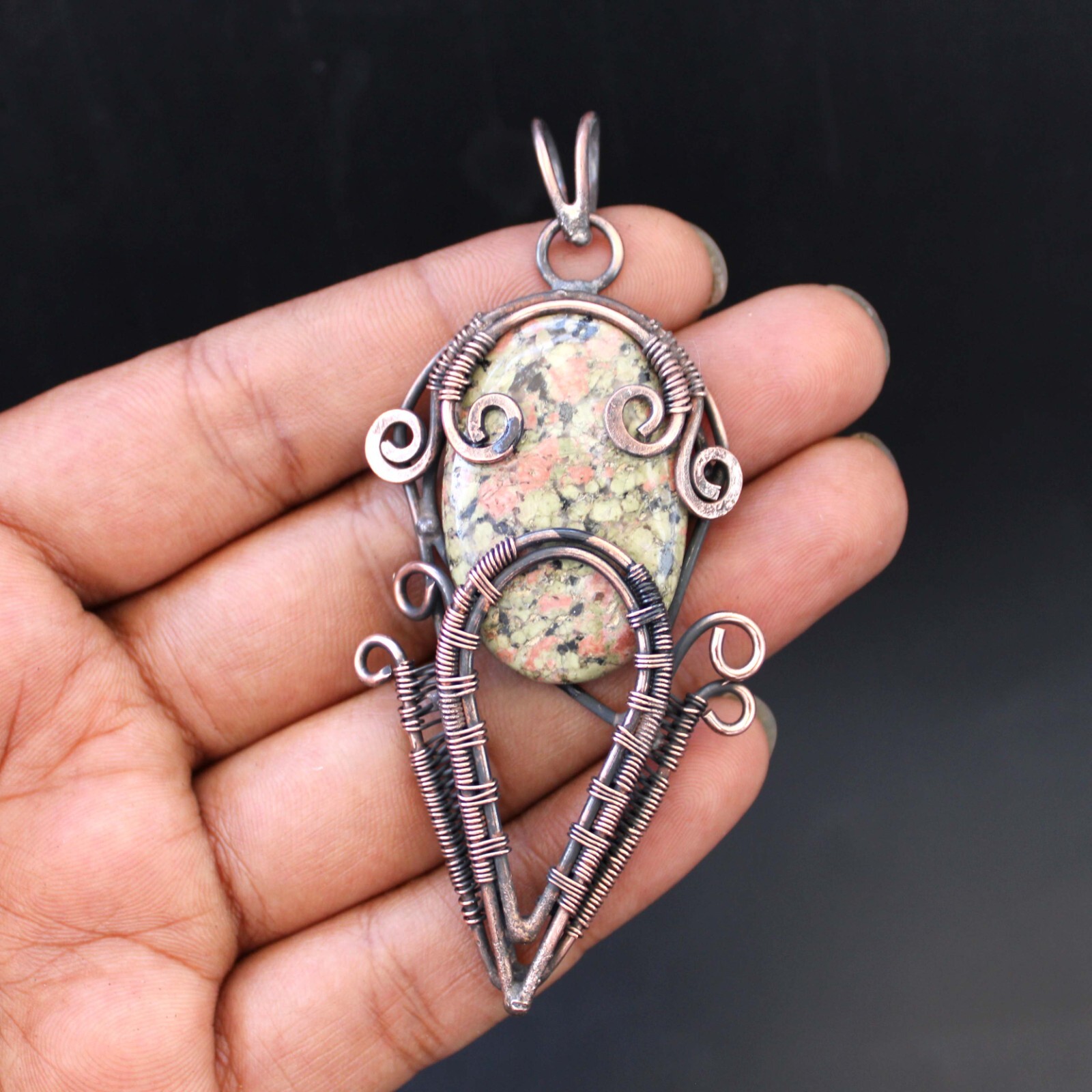 Unakite Gemstone Pendant Copper Wire Wrapped Pendant Jewelry Anniversary Gift