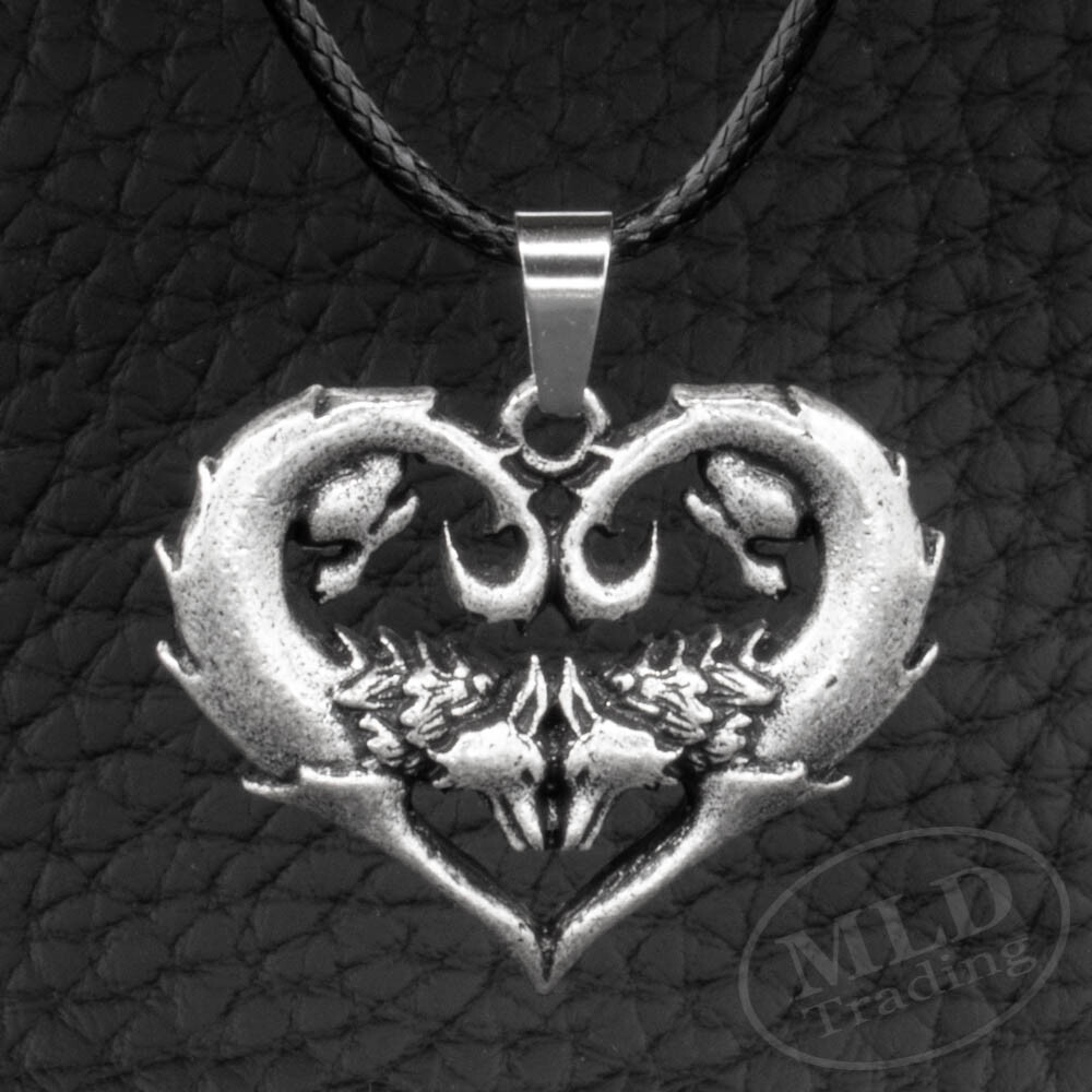 Silver Zinc Alloy Wolf Wolves Love Heart Pendant Necklace For Women w Black Cord