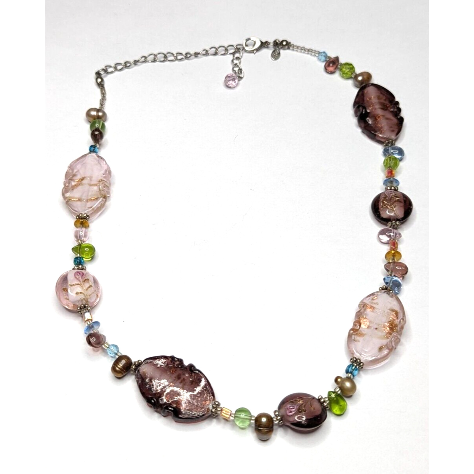 Premier Designs Multi Color Art Glass Beaded Silver Tone Necklace 3/4″ Wide