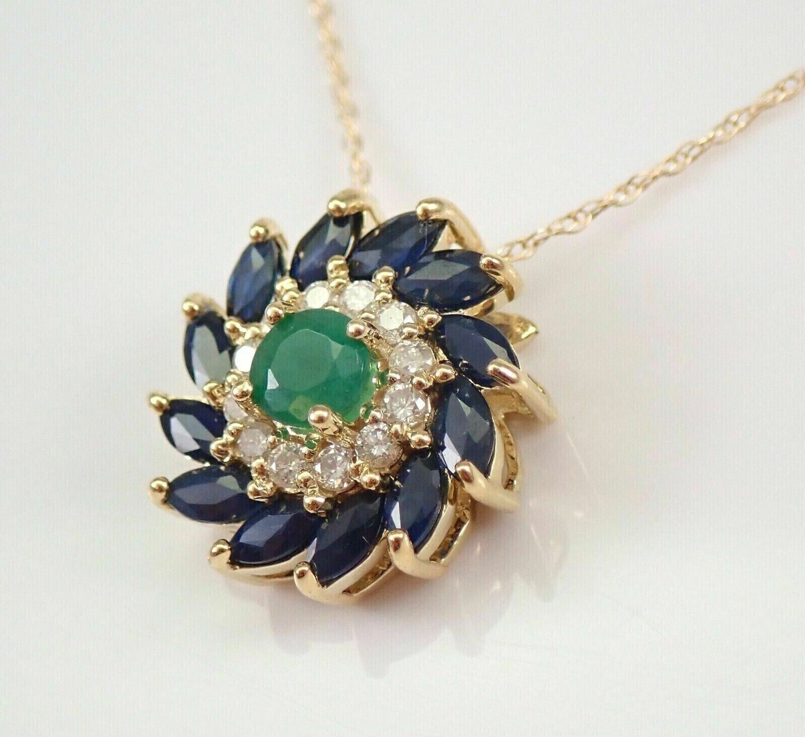 14k Yellow Gold Plated 2 Ct Round Cut Simulated Green Emerald Halo Pendant Chain
