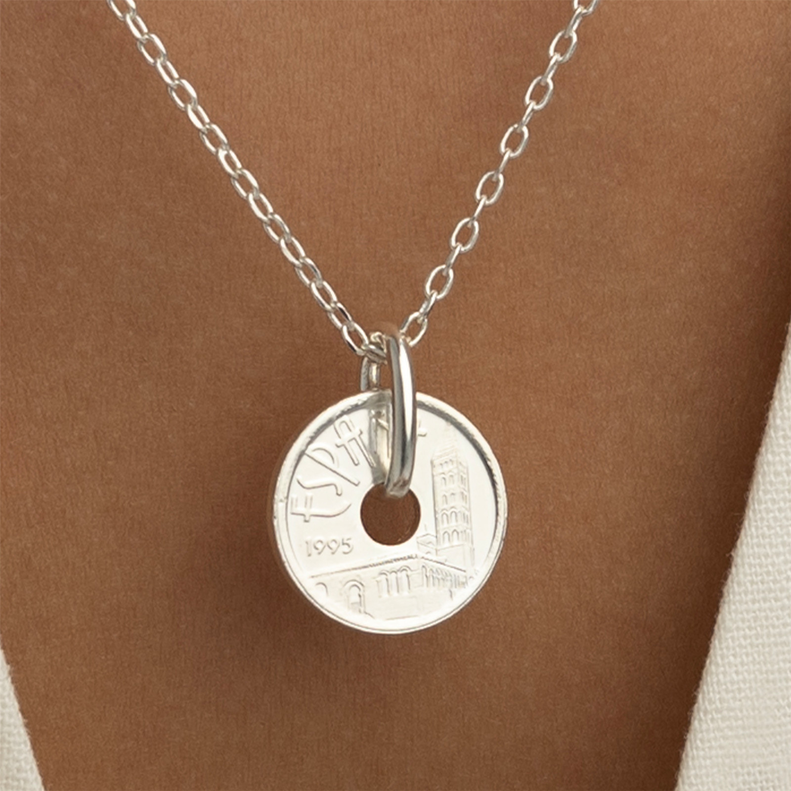 Rhodium Plated Spanish 5 Pesetas Coin Necklace | Castile and Leon | 1995