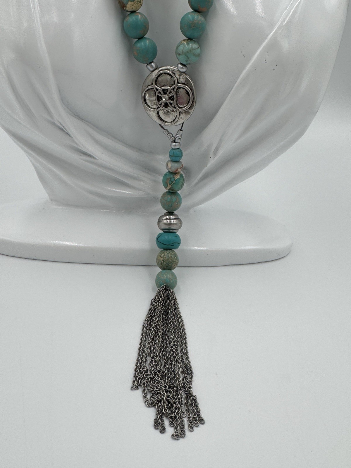 Turquoise Round Beaded Necklace Silver Tone Filigree Round Pendant Tassel