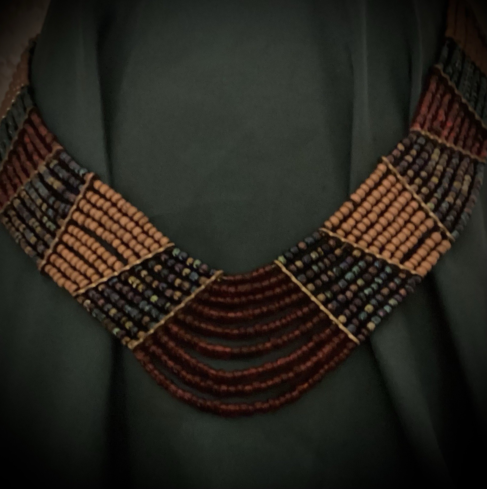 Versatile Statement Necklace Burgundy Gold Teal Iridescent Glass Bead Cleopatra