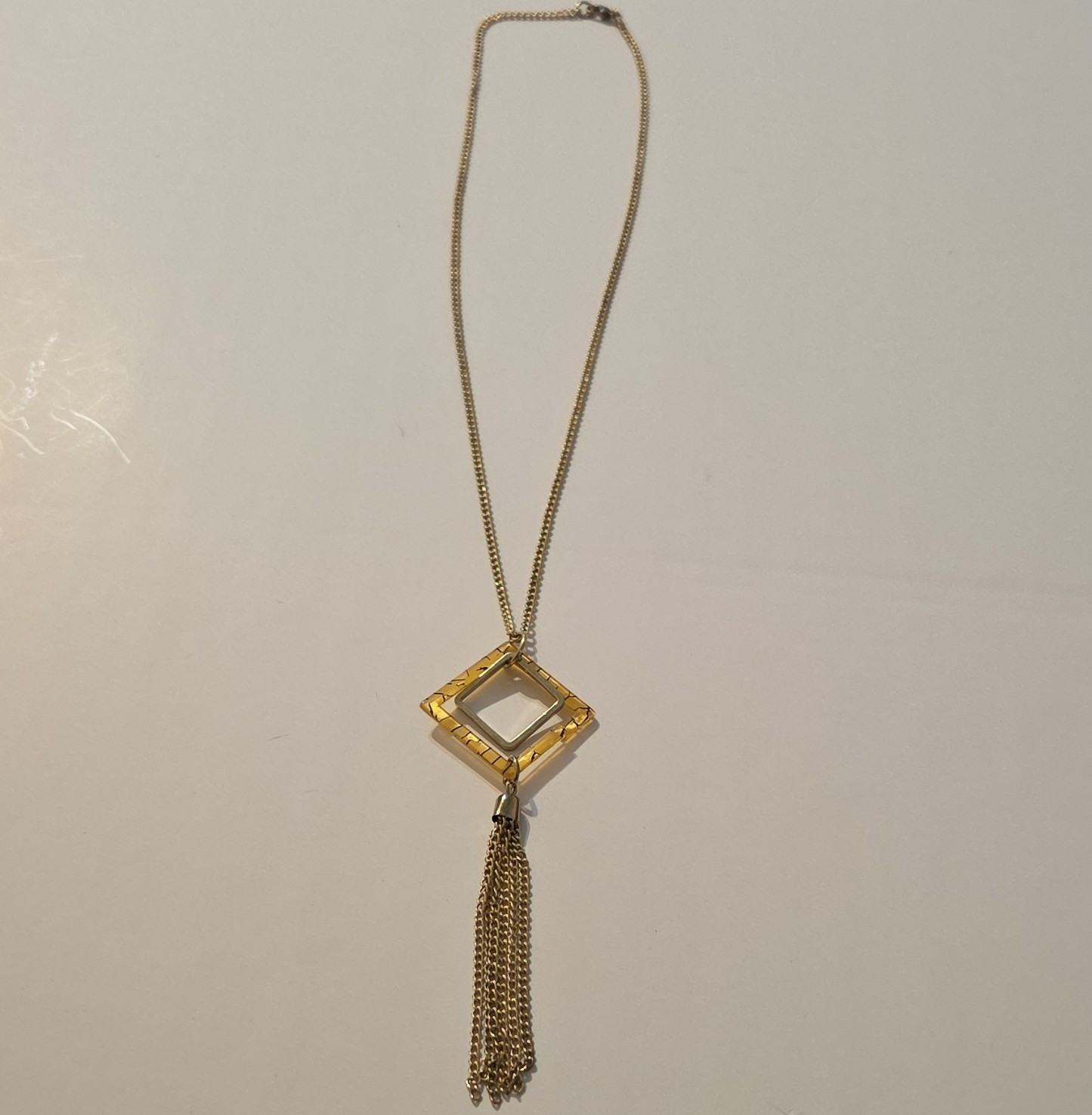 Gold Tone Metal Chain Necklace w/ Square Tassel Pendant, No Stone