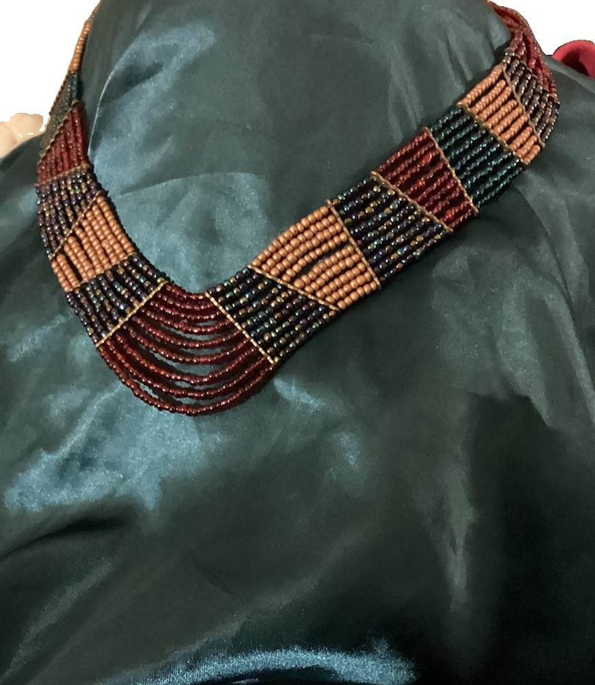 Versatile Statement Necklace Burgundy Gold Teal Iridescent Glass Bead Cleopatra