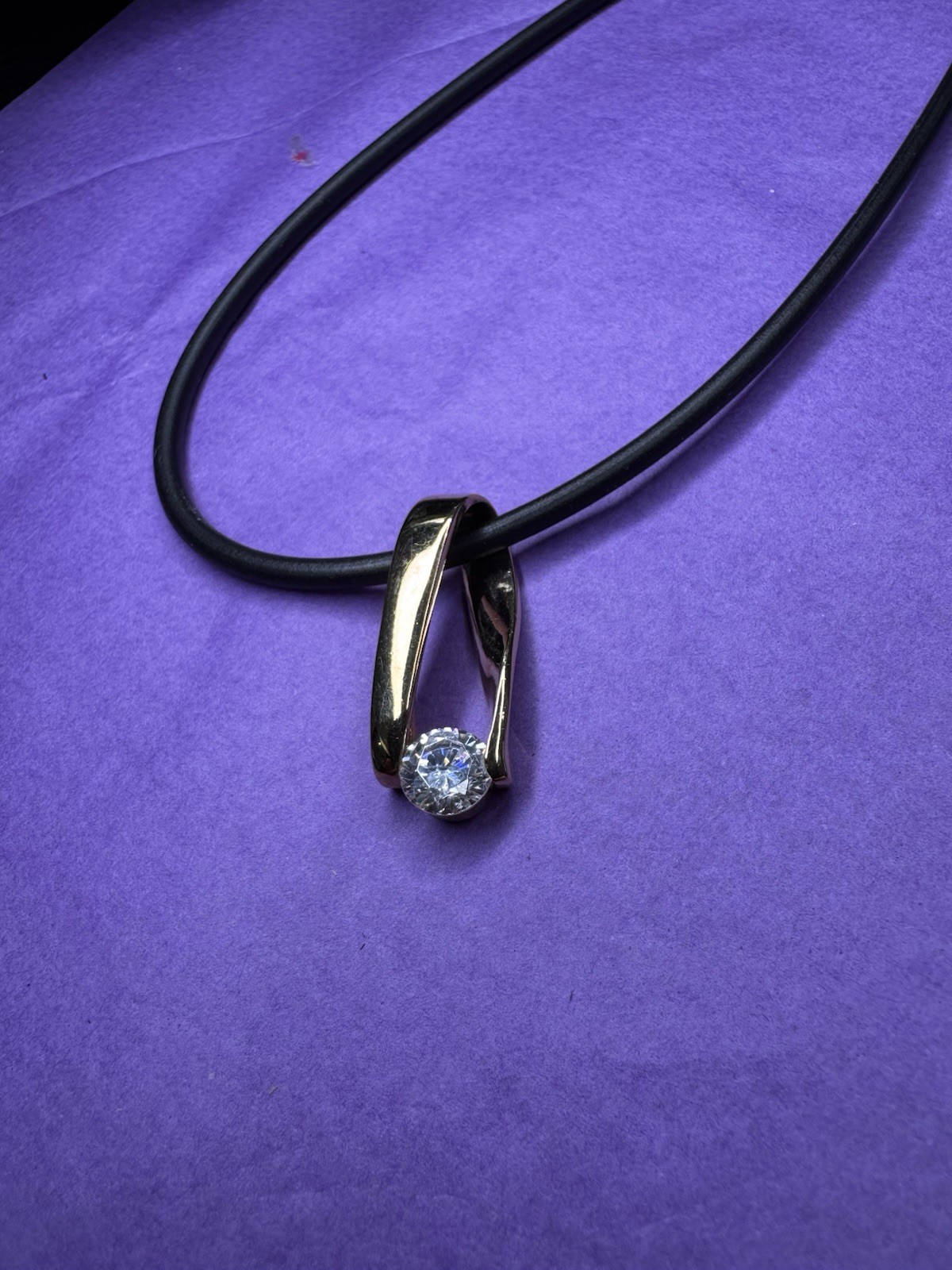 Black Cord Necklace Gold Tone Asymmetrical Pendant White Crystal Bezel Lobster