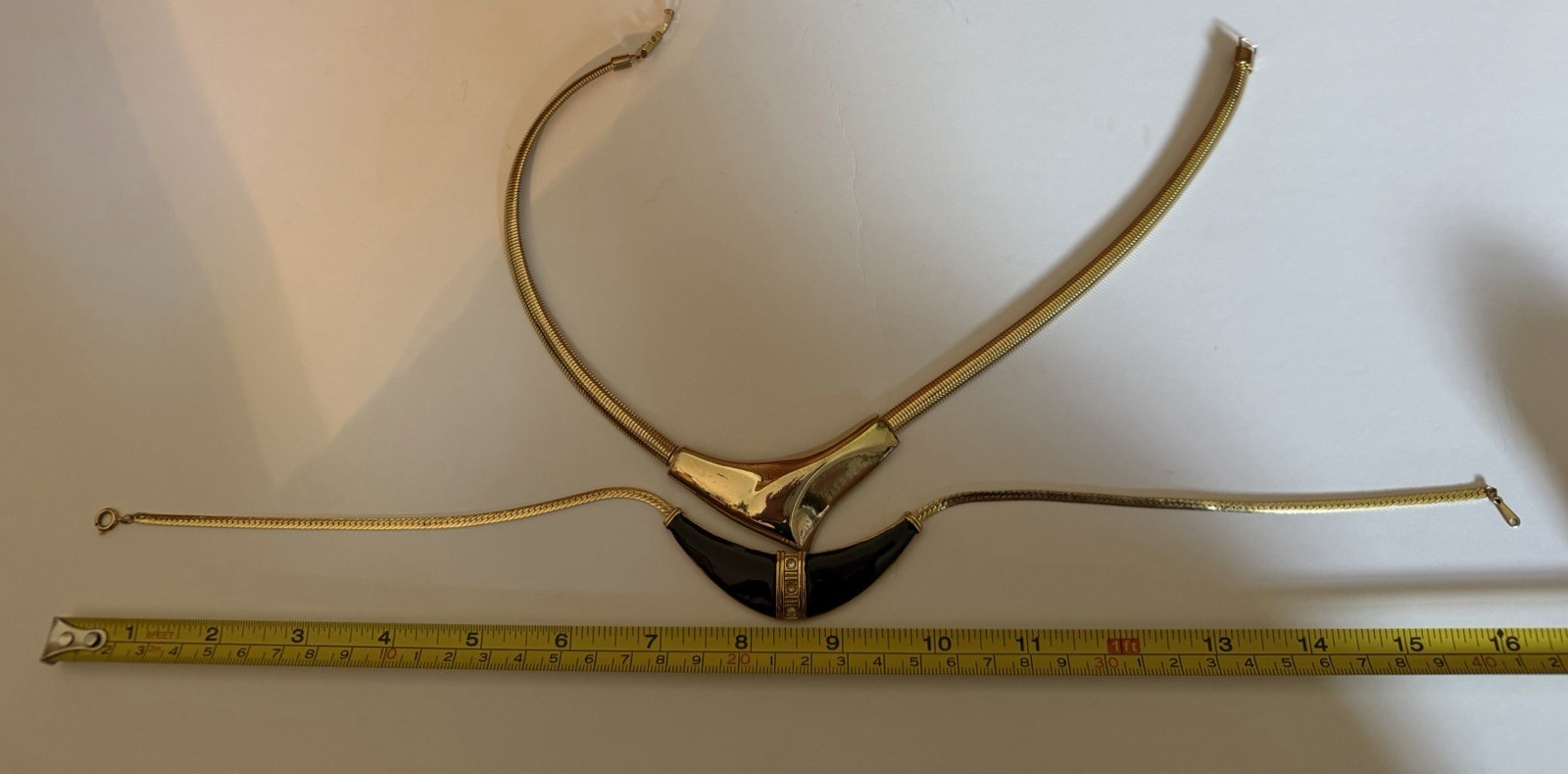 Lot of 2 Gold Tone Snake Chain Choker Necklaces Black Enamel, Geometric V