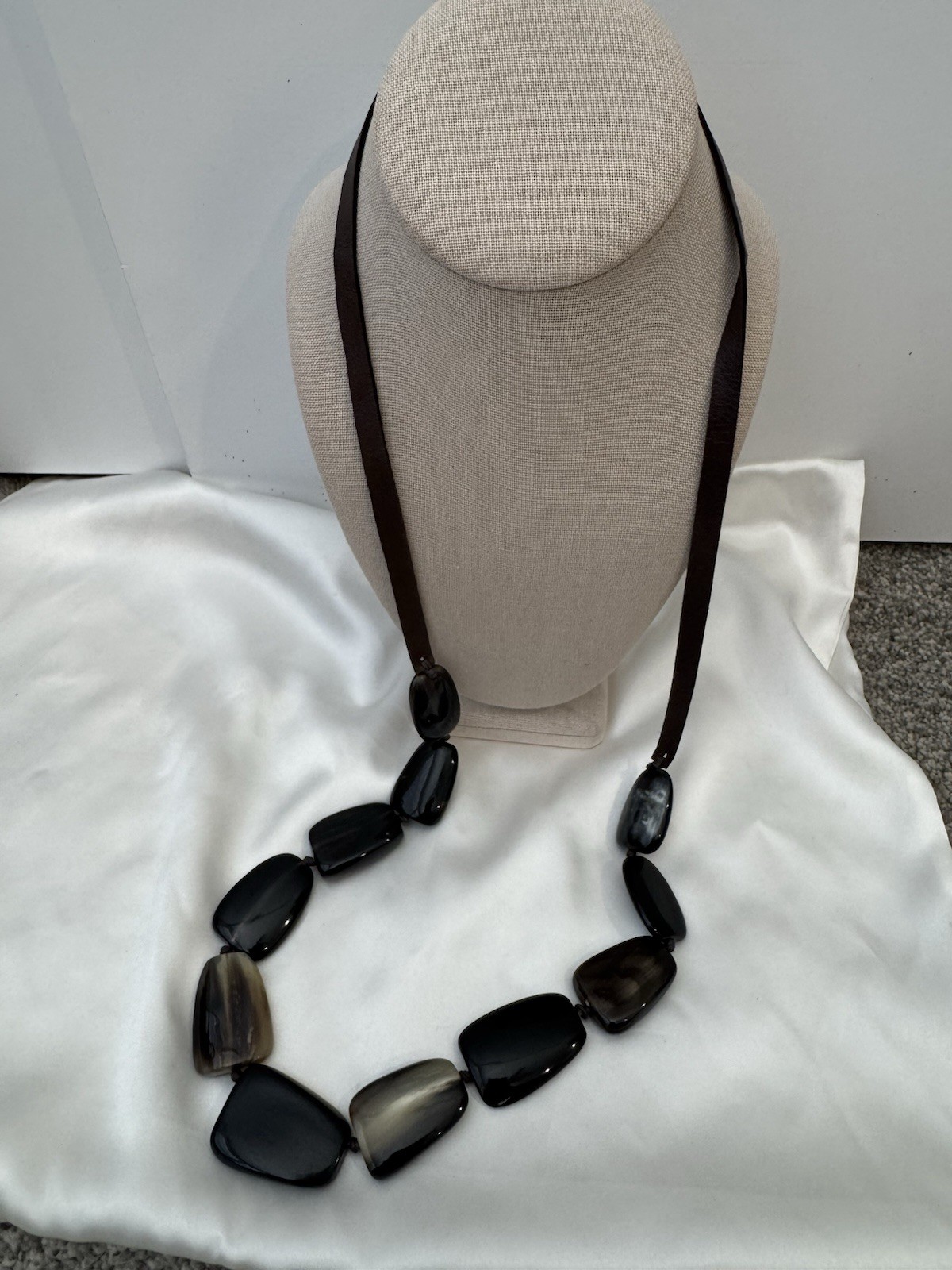 Long Black & Brown Resin Bead Necklace Ribbon Tie Statement Necklace 40”