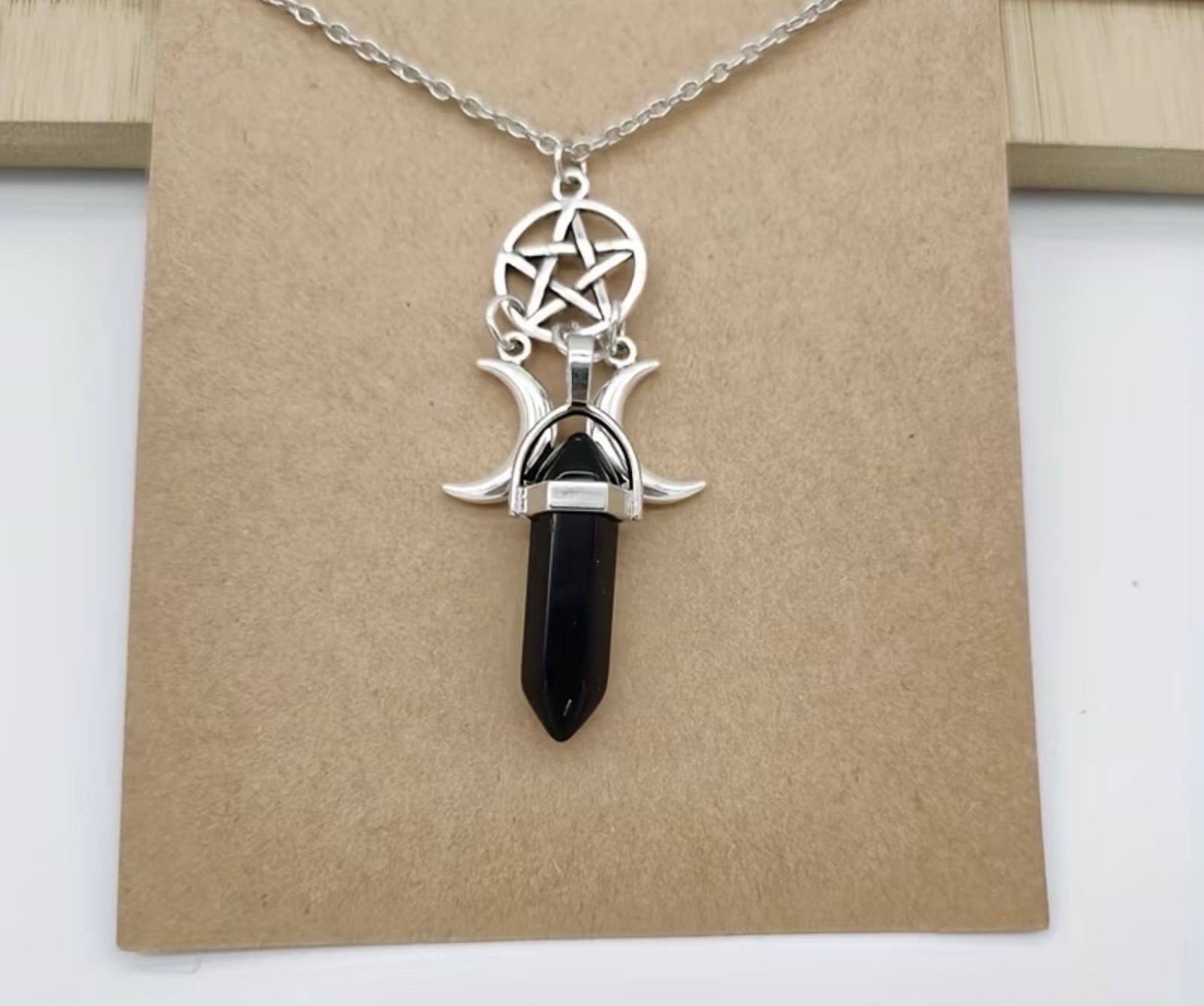 Authentic Onyx Crystal Pendant Necklace, Pentacle, Triple Moon Pendant