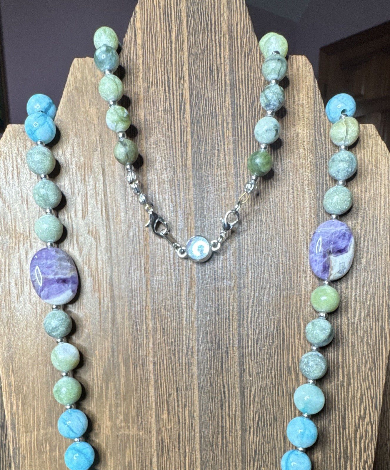 Beaded Stone Necklace Multicolor Round Beads Purple Oval Accents Lobster Clasp