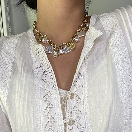 Punk Cuban Link Chain Choker Necklace with Irregular Pearl Coin Tassel Carved