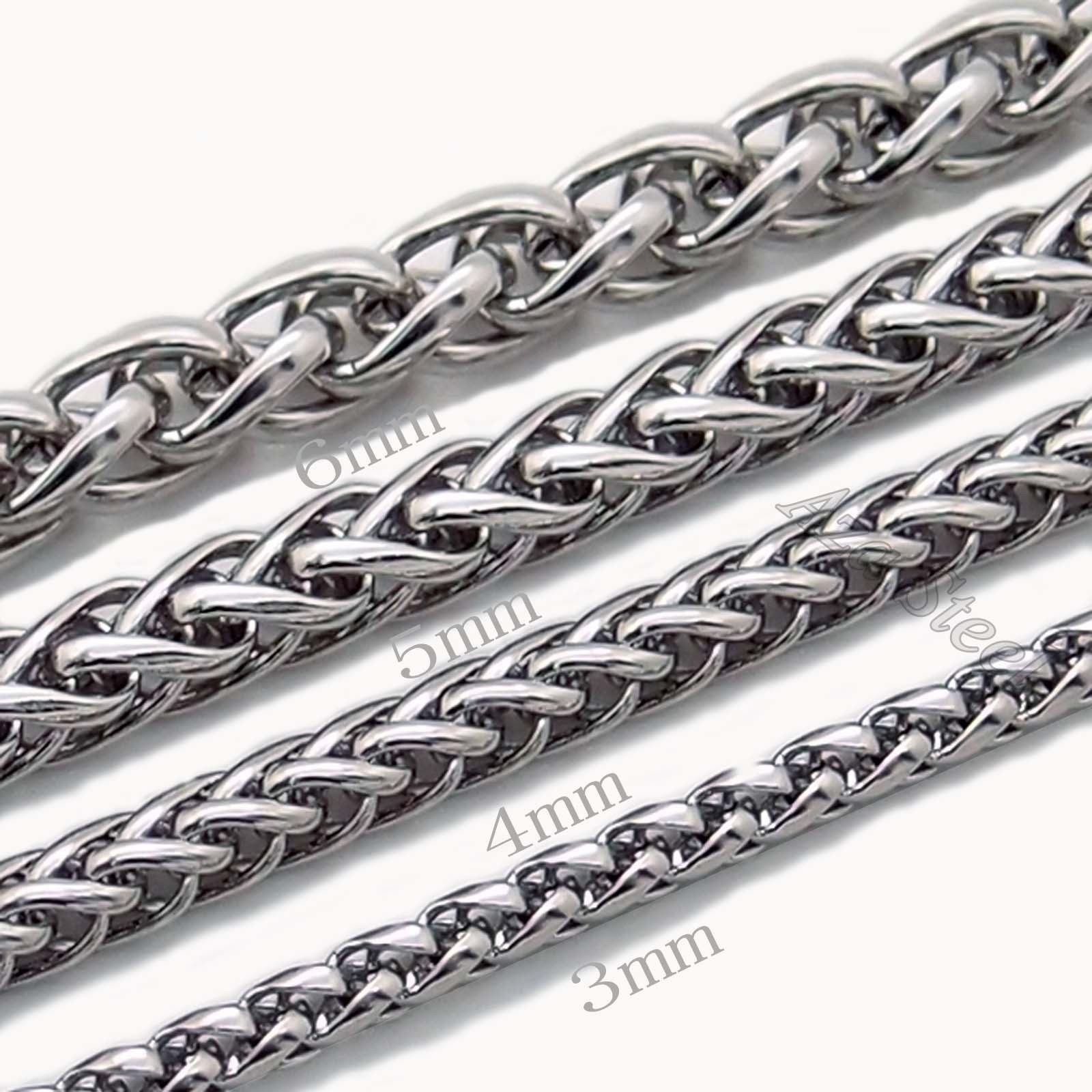 3/4/5/6MM 18-36″ MENS Silver Stainless Steel Wheat Braided Chain Necklace Link