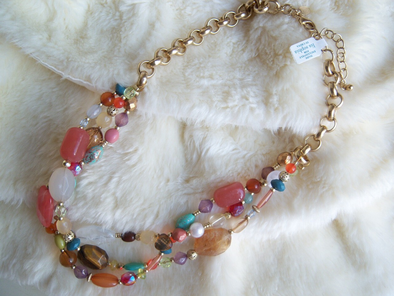 Lia Sophia MANDALAY BAY Necklace Triple Goldtone Quartz Genuin Tigers Eye Quartz