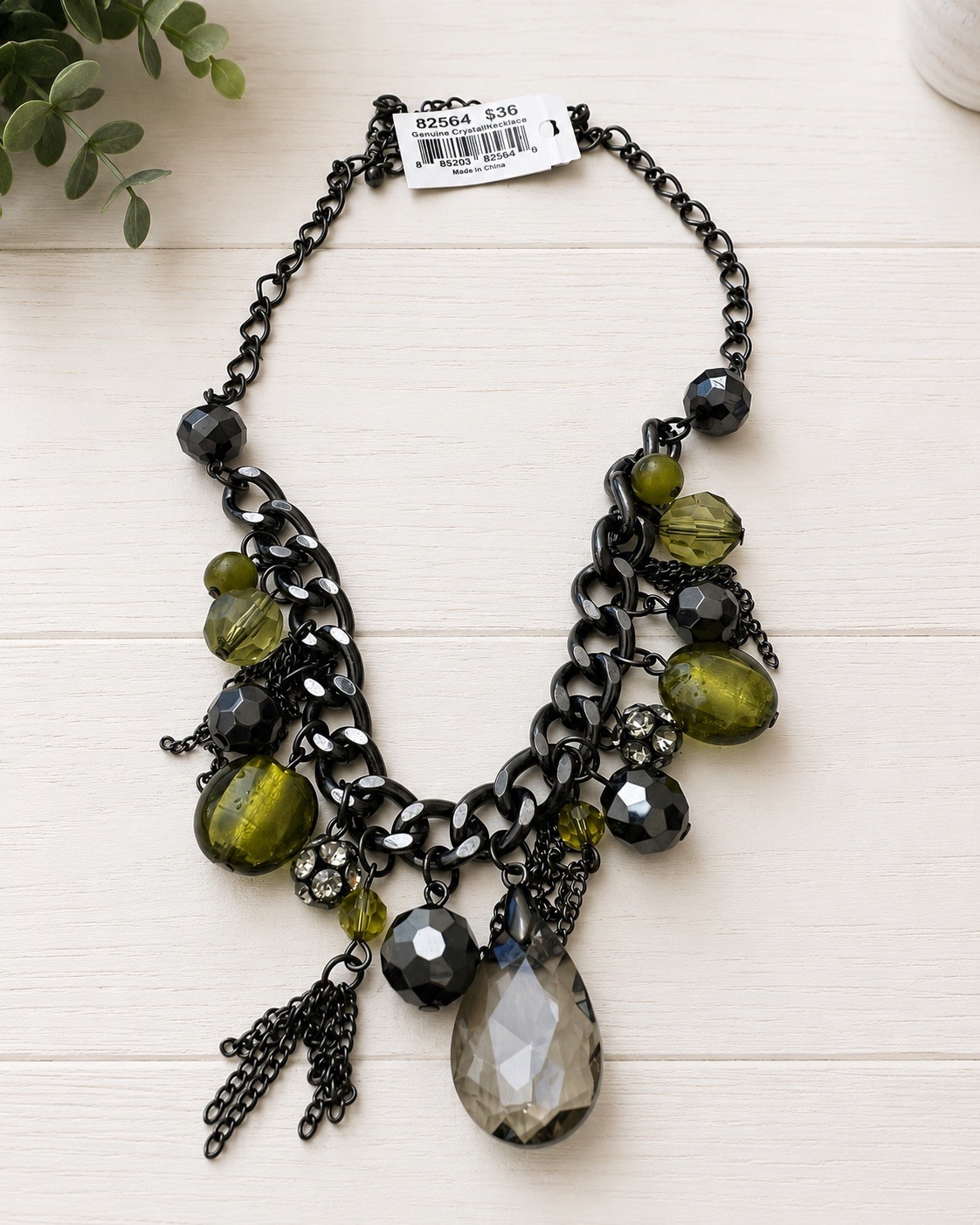 Cookie Lee green glass beads, crystals & rhinestone Statement Necklace