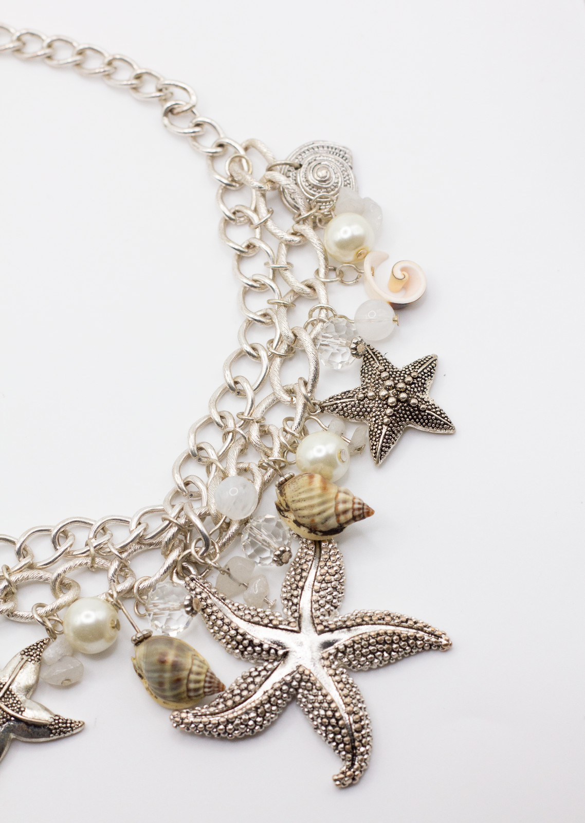Silver Tone Starfish Seashell Charm Necklace Coastal Beach Statement 16-18″