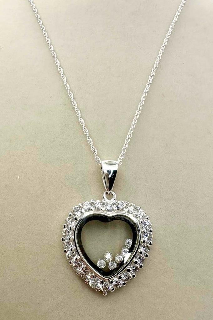 SA Silverage Designer 925 Sterling Silver CZ Floating Heart Pendant Necklace
