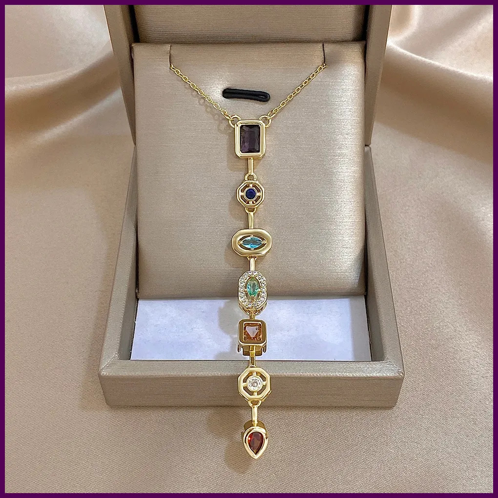 Vintage Geometric Colorful Zircon Long Pendant Necklace for Women Gold Plated