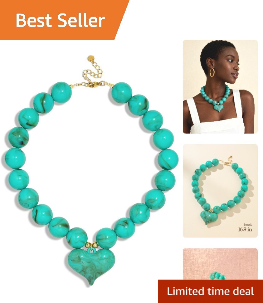 Chunky Heart Necklace with Colorful Beads, Handmade Statement Jewelry for Summer