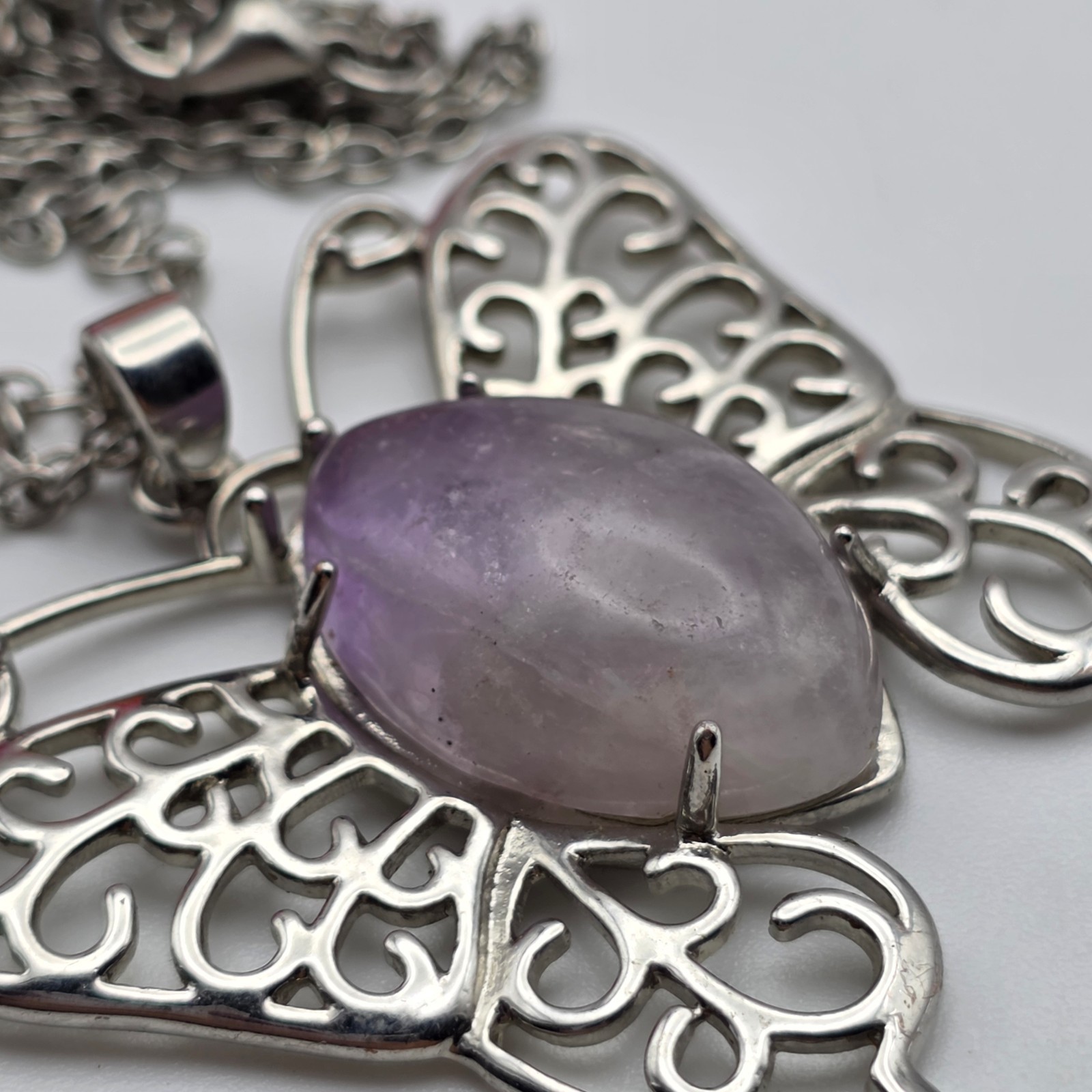 Purple Amethyst Cabochon Filigree Butterfly Pendant Necklace Silver Tone 27 In