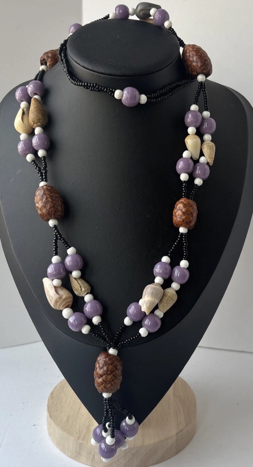 Purple Beaded Statement Necklace with Carved Brown Accents & Cowrie Shells 18”