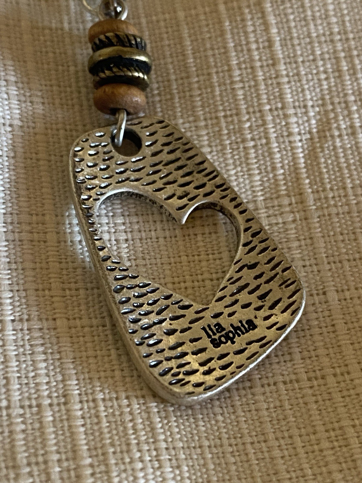 Lia Sophia Heart Pendant Necklace Silver Tone Wood Bead Boho Cottagecore