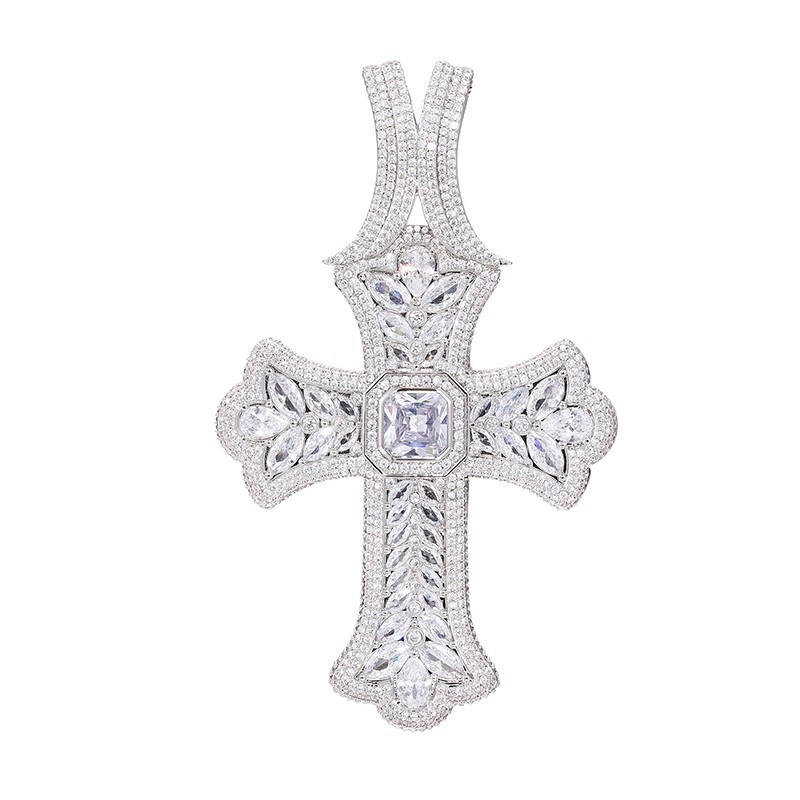 Hip Hop Iced Bling CZ Big Cross Pendant Necklace Men Rapper Jewelry Silver