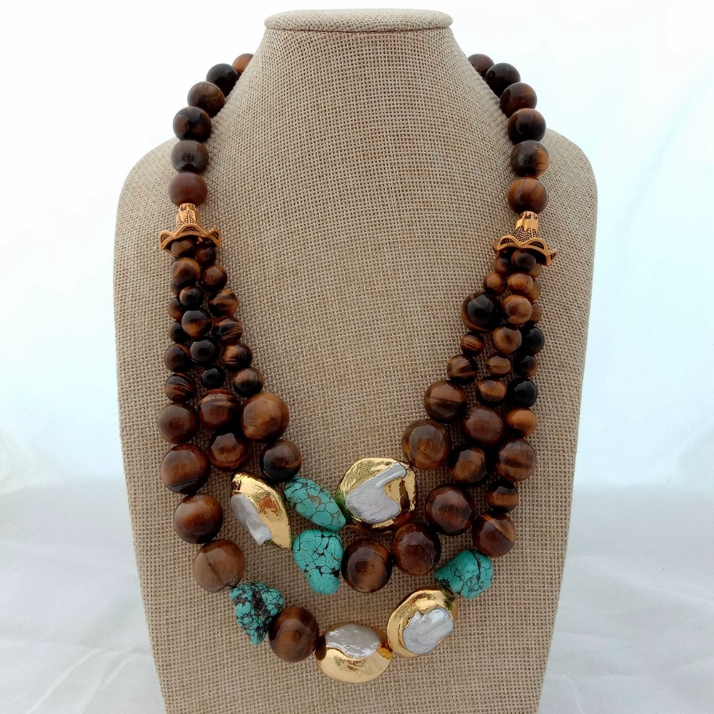 20” 3 Strands White Keshi Pearl Tigers Eye Turquoise Necklace