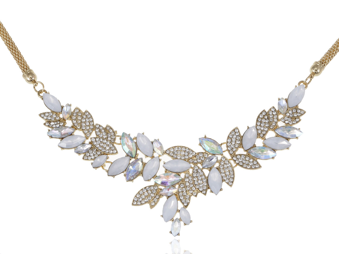 New Golden Tone Contemporary White Clear Rhinestone Fashion Jewelry New Necklace
