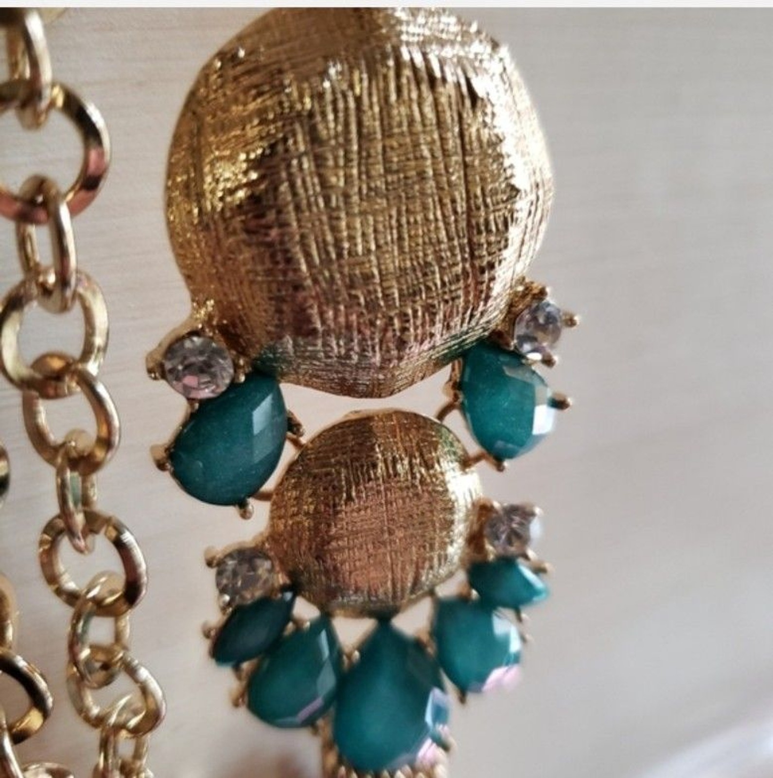 Statement Gold Tone Tassel Necklace Turquoise Teardrop Rhinestone Pendant Boho