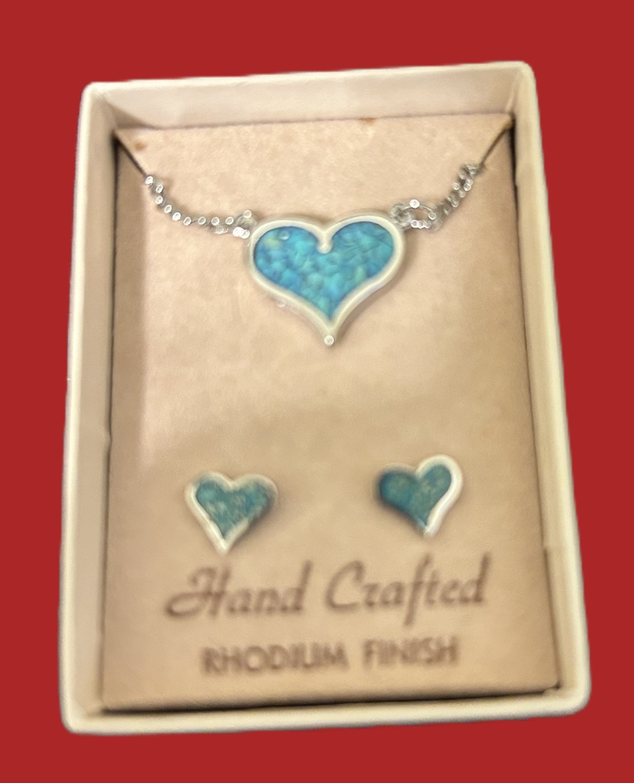 Heart Pendant Necklace & Earring set – Turquoise Color Stones -Rhodium finish