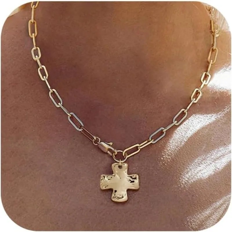 Chunky Cross Necklace for Women Trendy 14K Silver Layered Statement Cross
