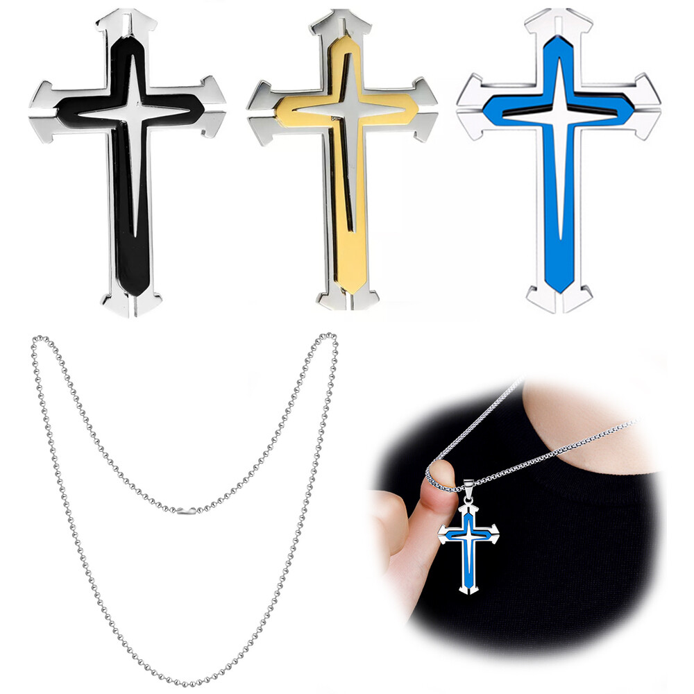 Cool Boys Mens Stainless Steel Cross Pendant Necklace with 20” Bead Chain New