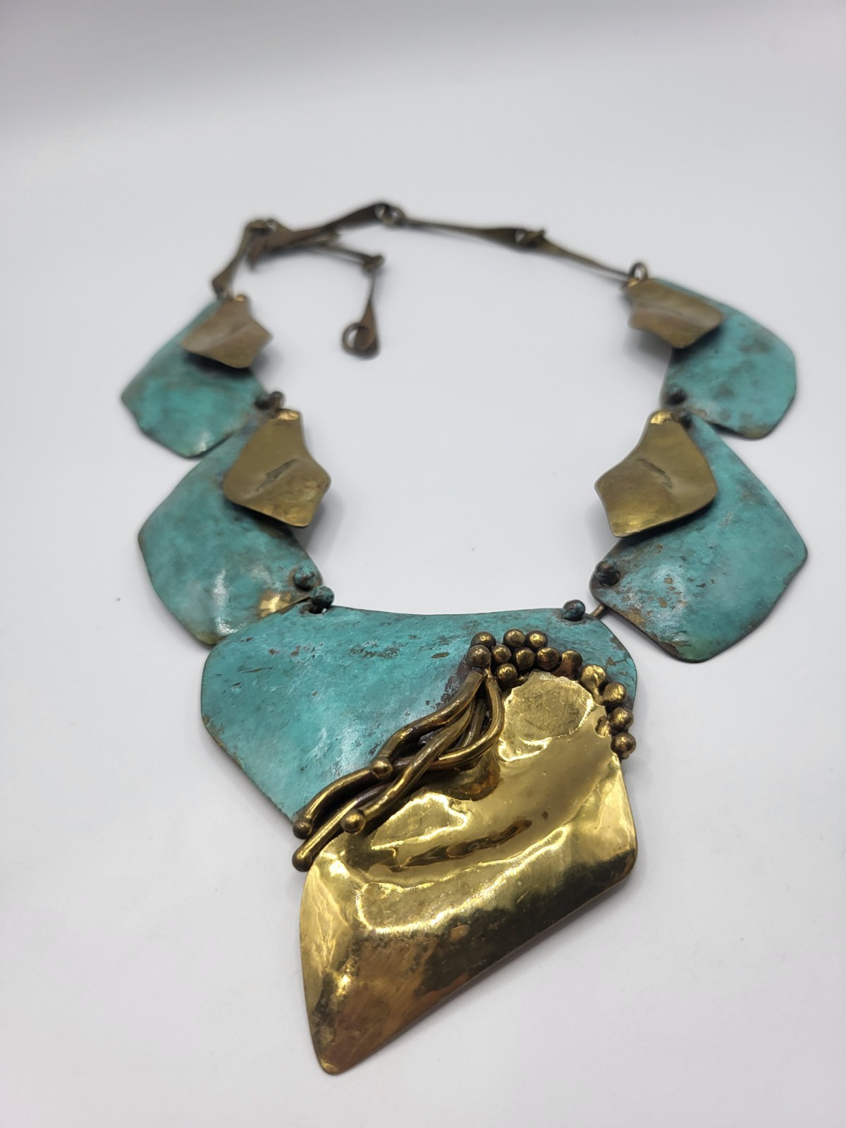 Signed Artisanal Mixed-Metal Bib Necklace Textured Verdigris Patina Gold Tone
