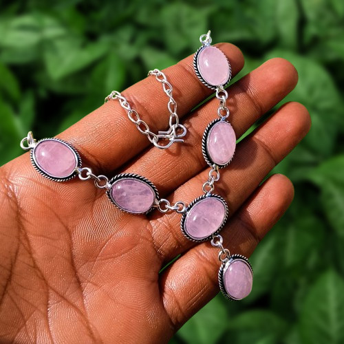 Natural Rose Quartz Gemstone Chain Neckless 925 Silver Plated Fashion Jewelry