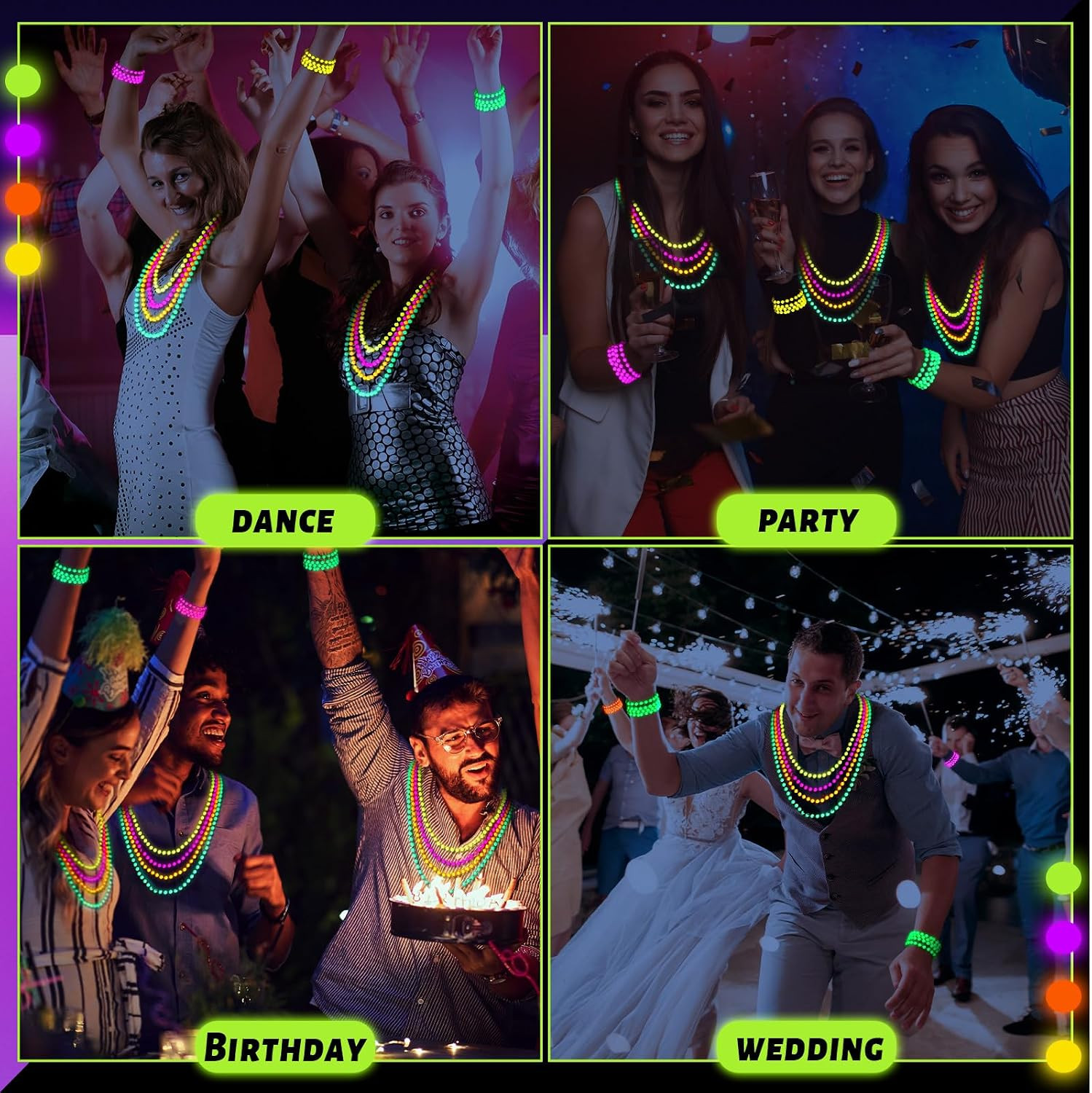 24 Pieces Neon Beads Necklaces 33″ Glow in The Dark UV Neon Bead Necklaces Glow
