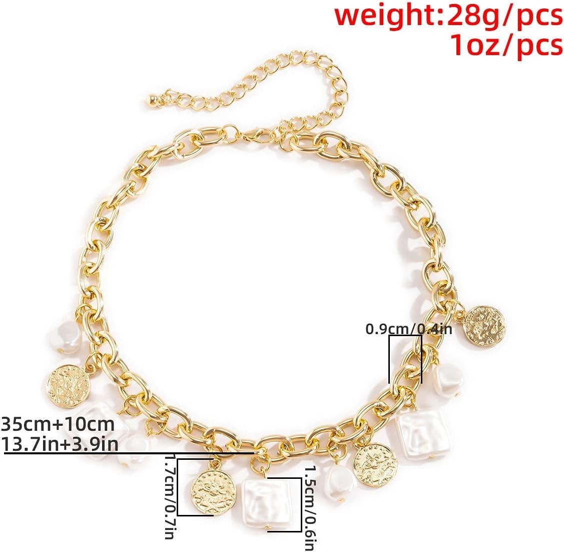 Punk Cuban Link Chain Choker Necklace with Irregular Pearl Coin Tassel Carved