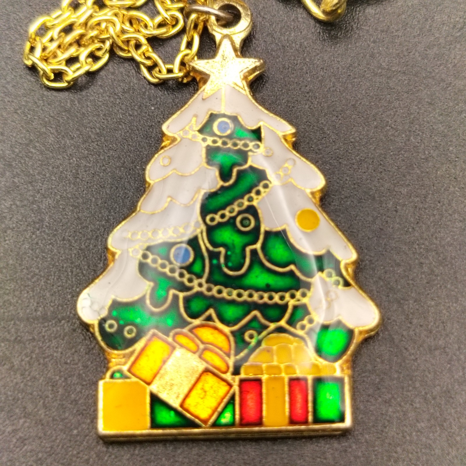 Christmas Tree Pendant Necklace Gold Tone Enamel Holiday Fashion Jewelry Gift
