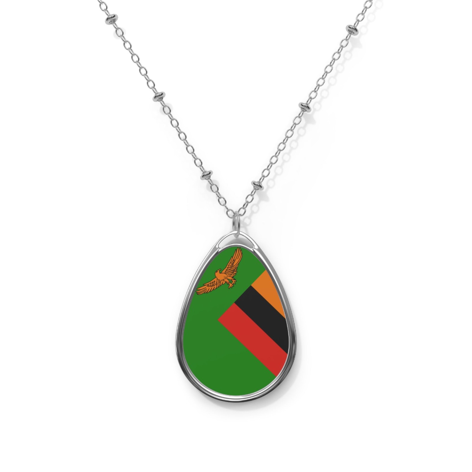 Zambia Flag Oval Necklace – Patriotic Zinc Alloy Pendant – One Size /