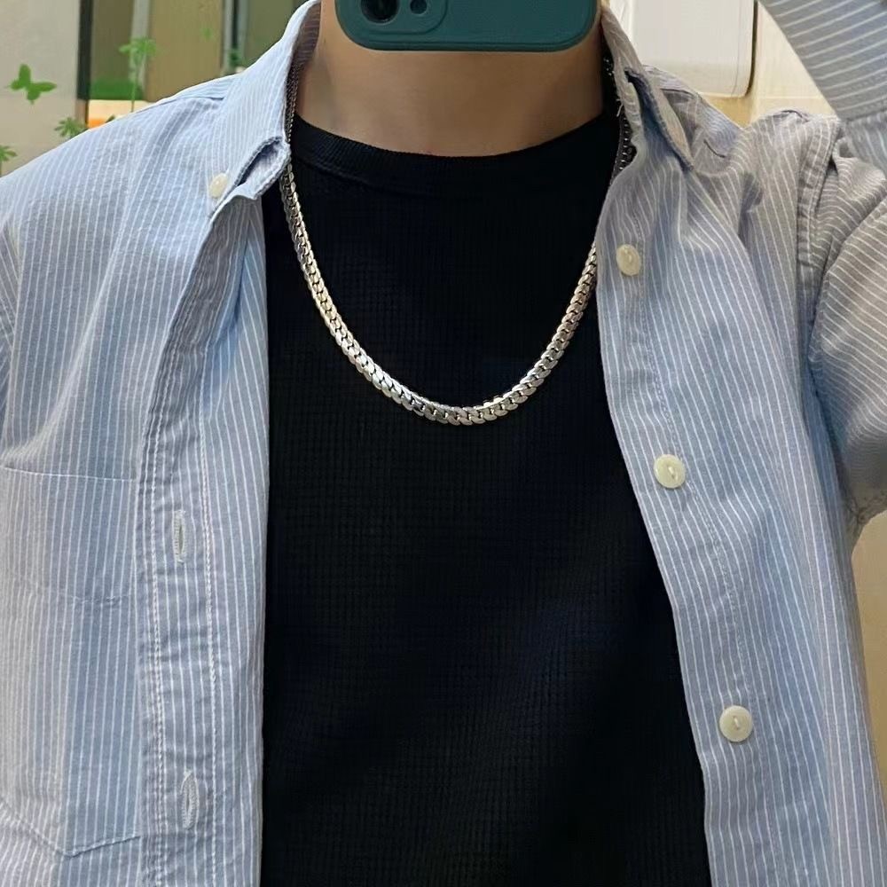 Stainless Steel Cuban Link Chain Necklace Silver Plated 50/55/60cm Men Jewelry