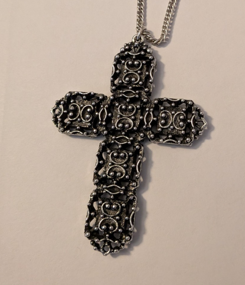 Silver Tone Metal Cross Pendant Necklace, Religious Theme, Blue Square Stones